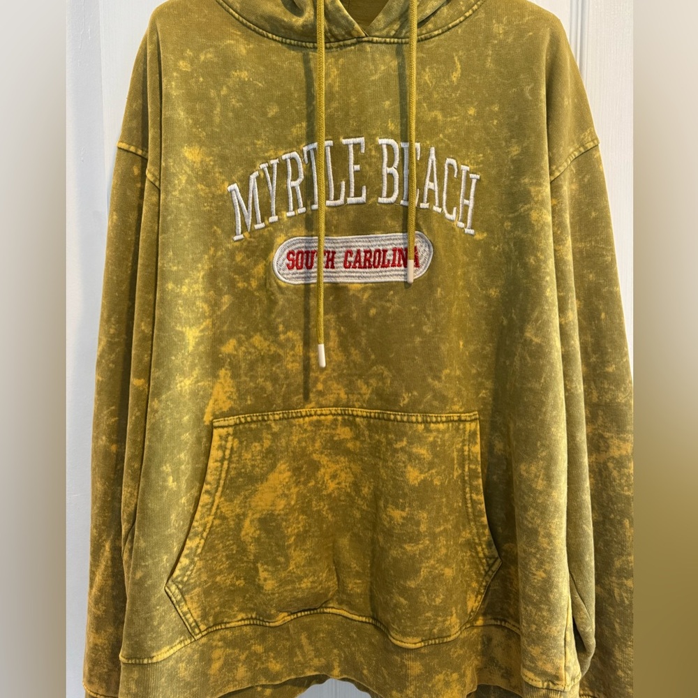 Myrtle Beach South Carolina Olive Green Mustard Acid Wash Hoodie Vacation Size L - Picture 3 of 6